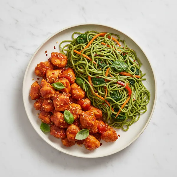 Garlic Tomato Chicken with Spinach Hakka Noodles